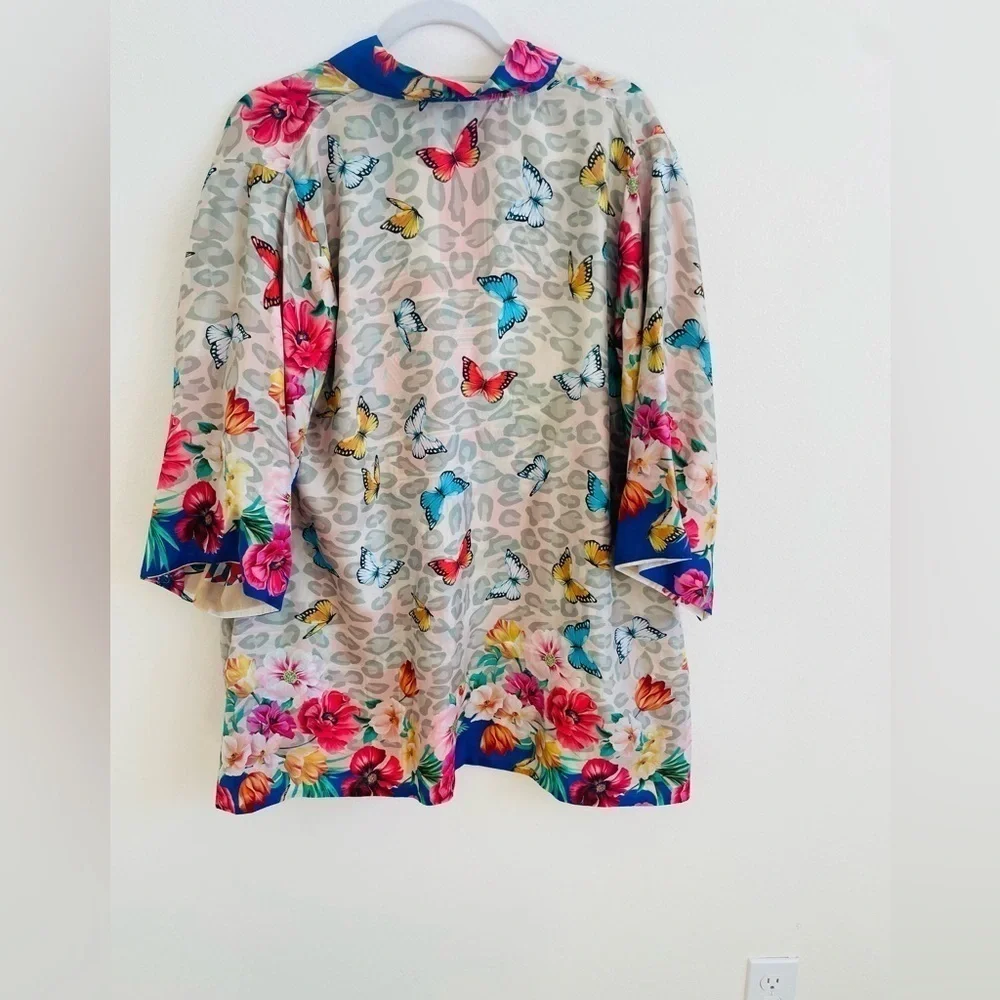 Johnny Was Blue Red multicolor floral printed Ridge Gianni reversible Kimono S